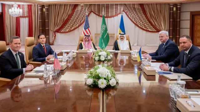 U.S Secretary of State Marco Rubio, U.S National Security Advisor Mike Waltz, Ukrainian Foreign Minister Andrii Sybiha and Ukrainian Head of Presidential Office Andriy Yermak hold a meeting in the presence of Saudi Foreign Minister Faisal bin Farhan and National Security Advisor Mosaad bin Mohammad Al-Aiban, in Jeddah, Saudi Arabia, March 11, 2025