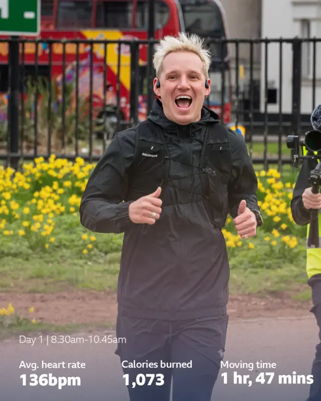 Jamie Laing has burned 1,073 calories so far, with an average heart rate of 136bpm and a moving time of 1 hr, 47 mins