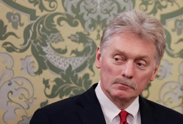 Dmitry Peskov in front of some wallpaper with a dragon on it.