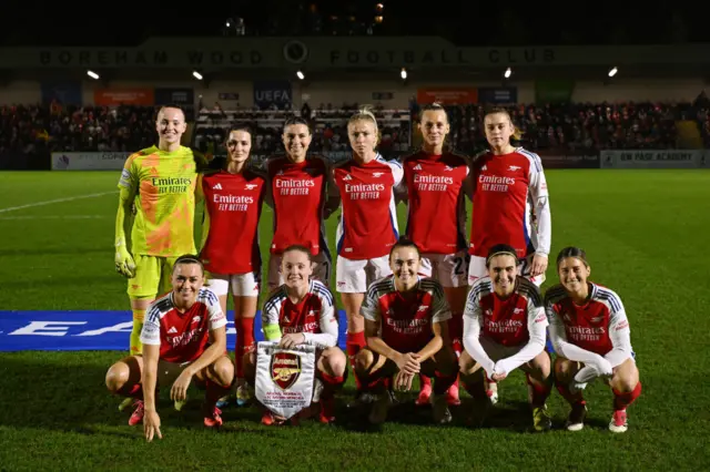 The Arsenal team line up for a photo prior to the UEFA Women's Champions League match between Arsenal FC and FC Bayern München at Meadow Park on December 18, 2024 in Borehamwood, England