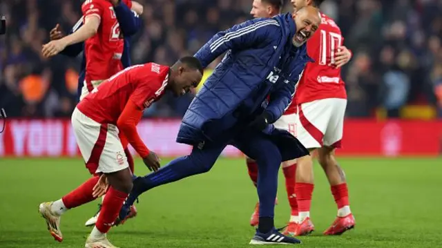 Nuno Espirito Santo, Manager of Nottingham Forest, celebrates with Callum Hudson-Odoi