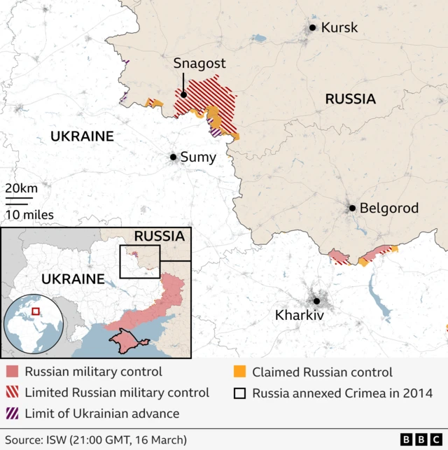 A map showing areas of control in the Kursk region