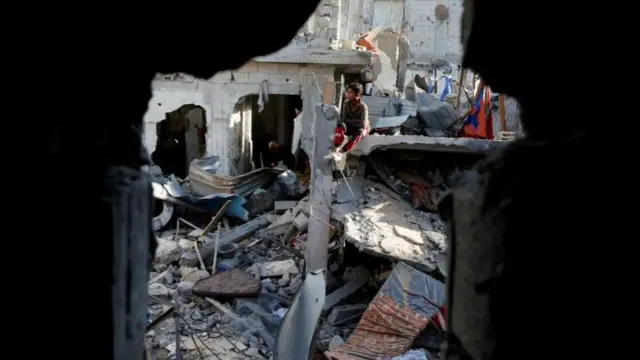 A destroyed building in Khan Younis, southern Gaza, this morning