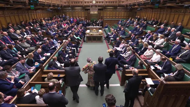 A wide shot of a packed House of Commons