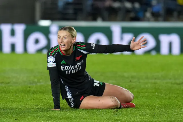 Chloe Kelly of Arsenal reacts following a challenge during the UEFA Women's Champions League Quarter Finals First Leg match between Real Madrid CF and Arsenal FC.