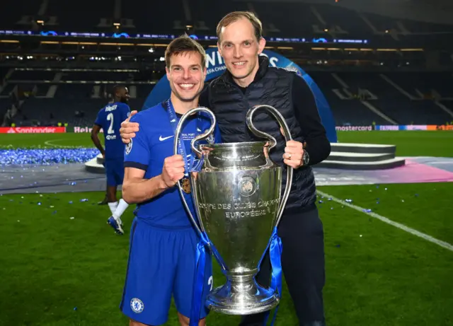 Cesar Azpilicueta and Thomas Tuchel with the Champions League trophy