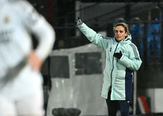 Renee Slegers gestures during the UEFA Women's Champions League quarter final first leg football match between Real Madrid CF and Arsenal.