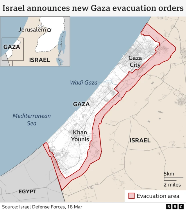 Israel issued new evacuation orders, shown in red, earlier on Tuesday