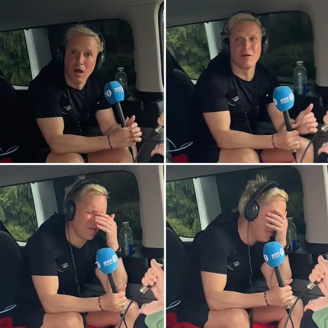 Four photos of Jamie Laing reacting to seeing Proudlock, with him looking shocked, then overwhelmed with emotion and then his head in his hands