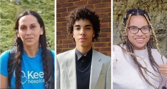 A composite image of Juliana Falcon, Kyle Prosper and Giselle Prosper. Juliana has her brown hair in plaits and is wearing a blue T-shirt outside. Kyle is wearing a black shirt and tan suit jacket. Giselle has brown and blonde plaits and is wearing a pink jumper. All three are smiling.