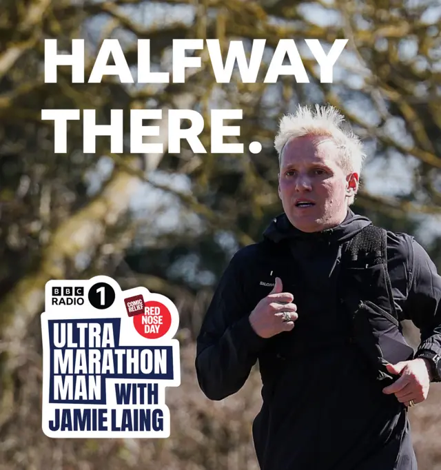 A graphic saying 'Halfway There' along a picture of Jamie running