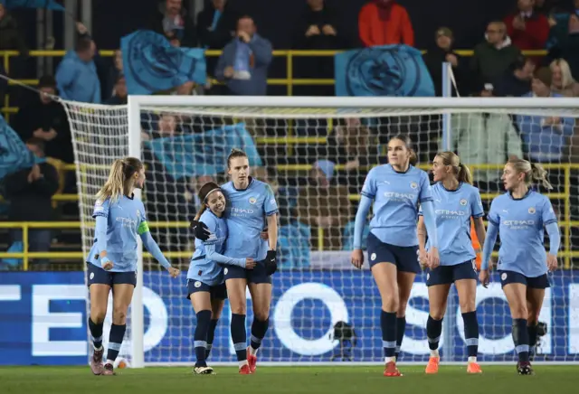 Vivianne Miedema of Manchester City celebrates with her teammates after scoring the 2-0 goal