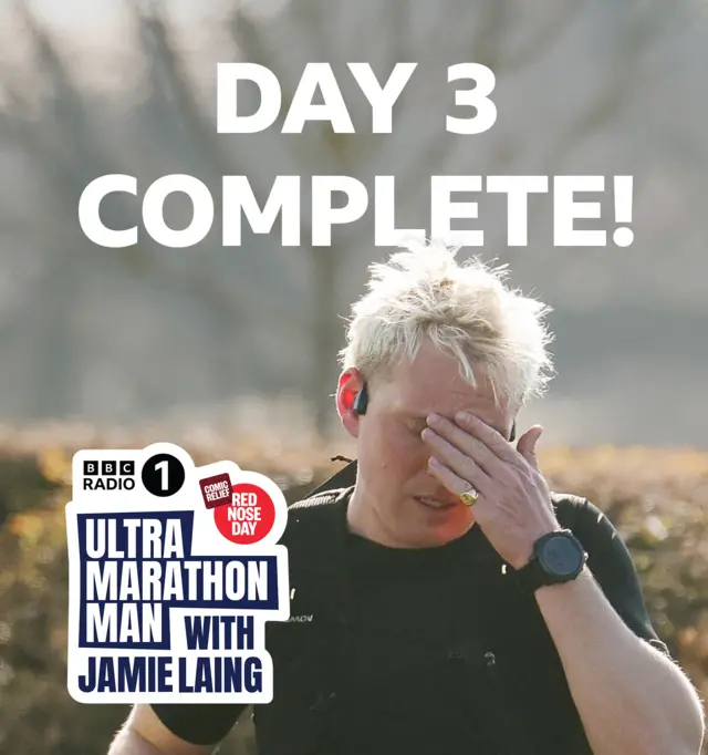 Jamie Laing looking tired with text 'Day 3 complete!'
