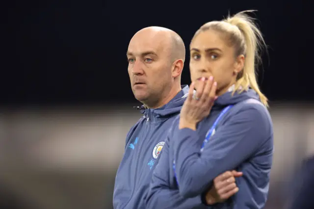 Nick Cushing, Interim Manager of Manchester City, looks on prior to the UEFA Women's Champions League Quarter Finals First Leg match between Manchester City and Chelsea FC.