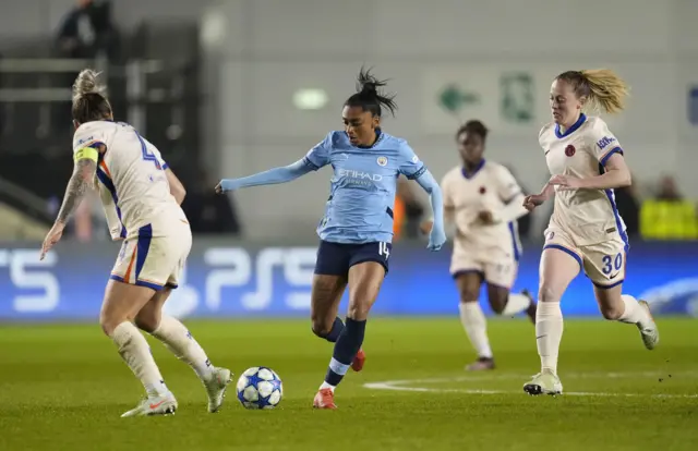 Manchester City's Kerolin Nicoli (centre) in action with Chelsea's Millie Bright (left) and Keira Walsh during the UEFA Women's Champions League, quarter-final.