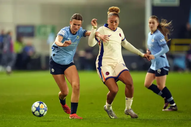 Manchester City's Kerstin Casparij (left) and Chelsea's Lauren James battle for the ball.