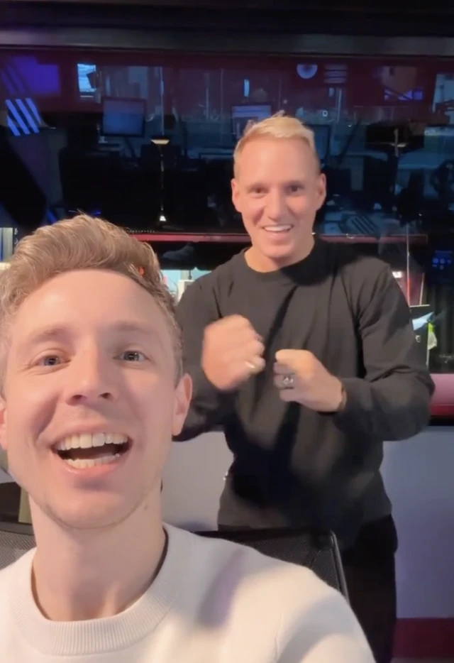 Matt Edmondson taking a selfie with Jamie Laing