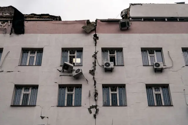 A cracked hospital building in Sumy