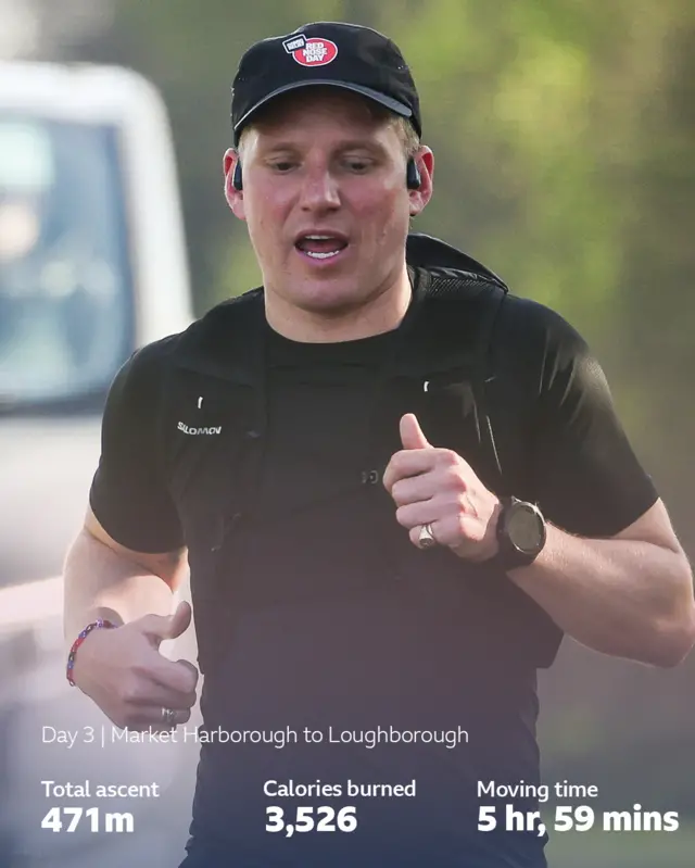Jamie Laing's Day 3 running stats - a total ascent of 471m; 3,526 calories burned, a moving time 5 hours, 59 times - and more importantly, over £270k raised for Comic Relief