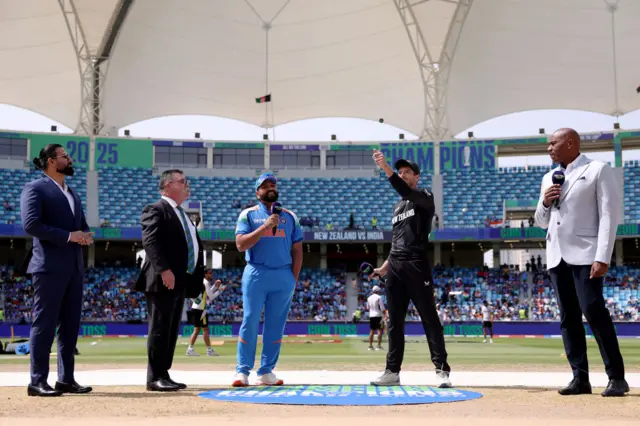 Match Referee David Boon and Rohit Sharma of India looks on.