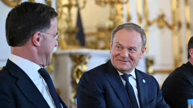 Poland prime minister Donald Tusk (R) talks to Nato chief Mark Rutte (L)