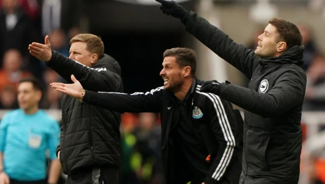 Newcastle United manager Eddie Howe (left), assistant manager Jason Tindall and Brighton and Hove Albion manager Fabian Hurzeler