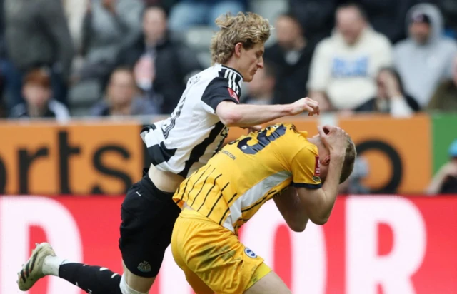 Newcastle United's Anthony Gordon clashes with Brighton & Hove Albion's Jan Paul van Hecke