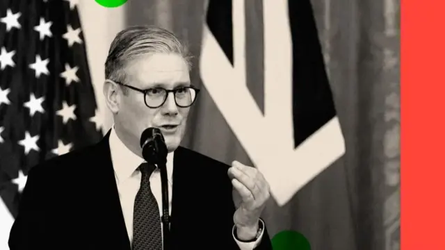 Keir Starmer in black and white image. Flag of America and UK behind him. Red sidebar to the right.