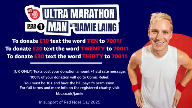 Text to donate terms for Jamie Laing's Comic Relief challenge.