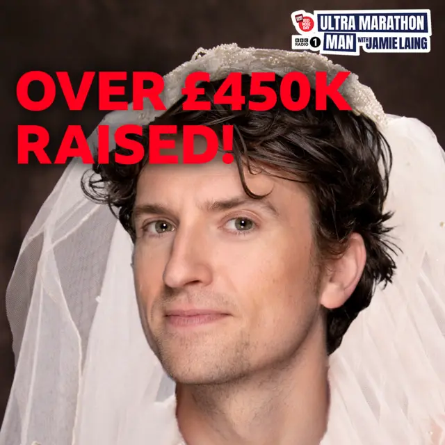 Greg James in a wedding dress and the graphic: £450k raised