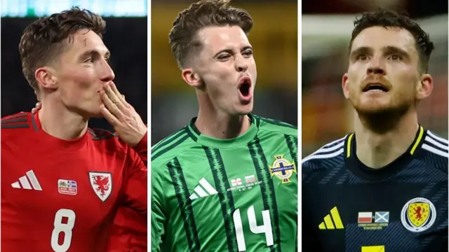 Wales forward Harry Wilson, Northern Ireland forward Isaac Price and Scotland defender Andrew Robertson celebrate goals