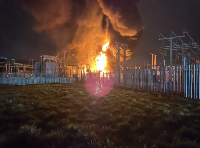 Handout photo supplied by London Fire Brigade showing a fire at Hayes electrical substation.