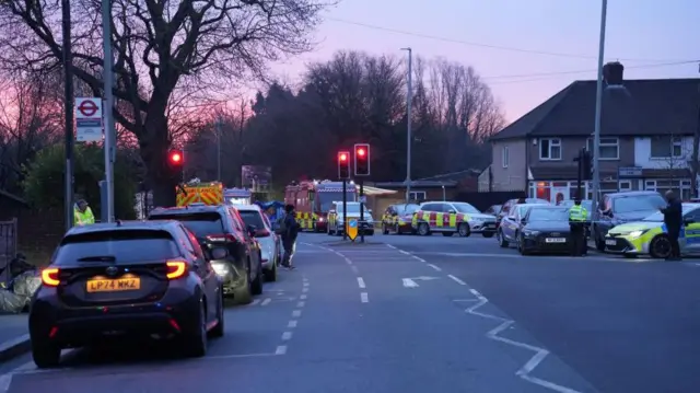 Emergency services at the scene in Roseville Road, west London, near to the North Hyde electrical substation which caught fire last night.