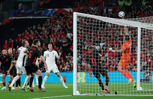 Dan Burn of England hits the crossbar