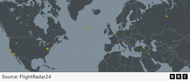 A map showing flights today - there are very few pictured