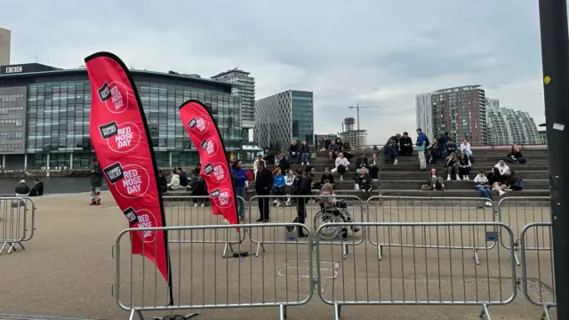 People gathering at marathon finish line