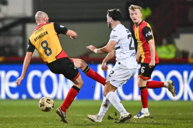 GLASGOW, SCOTLAND - MARCH 22: Partrick's Stuart Bannigan and Raith's Jordan Doherty in action during a William Hill Championship match between Partick Thistle and Raith Rovers at the Wyre Stadium at Firhill, on March 22, 2025, in Glasgow, Scotland. (Photo by Paul Byars / SNS Group)