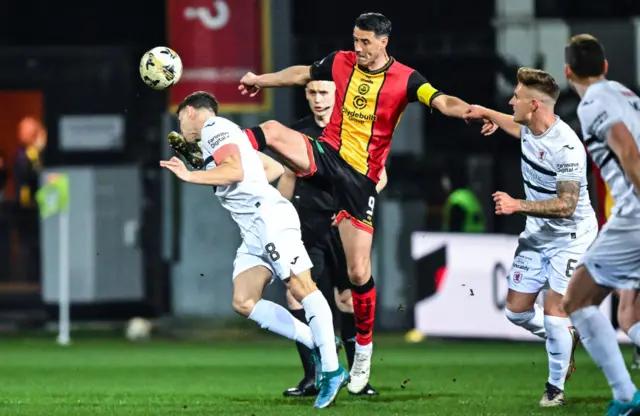 GLASGOW, SCOTLAND - MARCH 22: Partick's Brian Graham (R) and Raith's Ross Matthews in action during a William Hill Championship match between Partick Thistle and Raith Rovers at the Wyre Stadium at Firhill, on March 22, 2025, in Glasgow, Scotland. (Photo by Paul Byars / SNS Group)