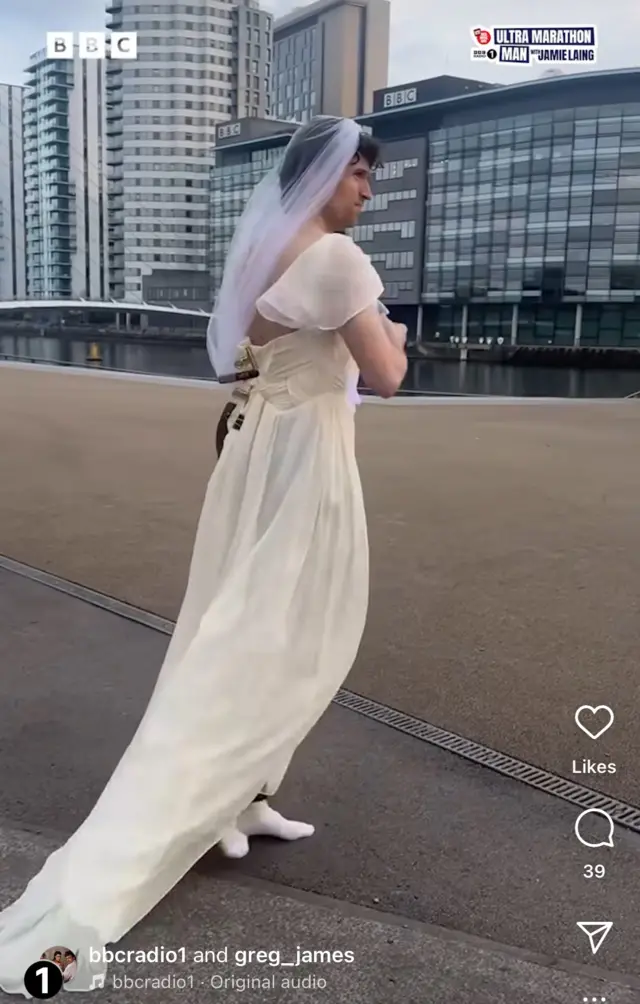 screenshot from Instagram of Greg James in a wedding dress