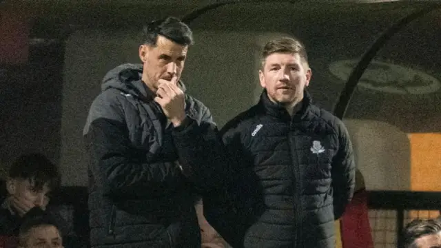 GLASGOW, SCOTLAND - MARCH 22: Partick interim coaches Brian Graham (L) and Mark Wilson during a William Hill Championship match between Partick Thistle and Raith Rovers at the Wyre Stadium at Firhill, on March 22, 2025, in Glasgow, Scotland. (Photo by Paul Byars / SNS Group)