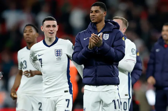 Phil Foden and Marcus Rashford of England applaud the fans