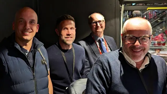 Leon Osman, Matt Upson, John Murray and Ian Dennis smile in the press box at Wembley