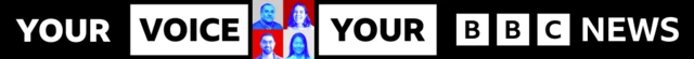 A long rectangular banner reading 'YOUR VOICE YOUR BBC NEWS' in black and white on a contrasting background. The middle of the banner features a multicolour square composite image of four faces.