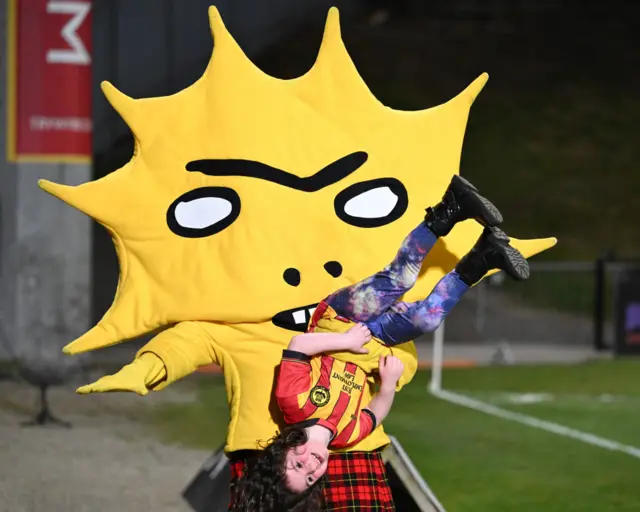 GLASGOW, SCOTLAND - MARCH 22: Partick mascot Kingsley ahead of a William Hill Championship match between Partick Thistle and Raith Rovers at the Wyre Stadium at Firhill, on March 22, 2025, in Glasgow, Scotland. (Photo by Paul Byars / SNS Group)