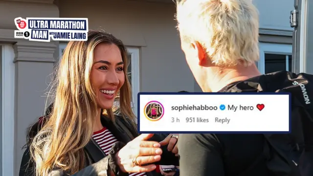 Sophie, smiling, goes to hug and congratulate her husband Jamie. Her comment on his Instagram post is overlaid on the photo.