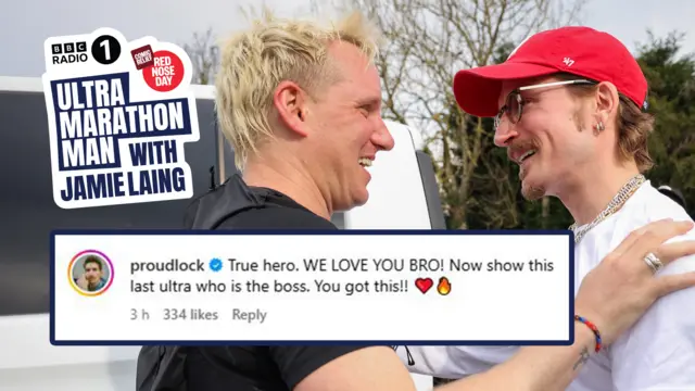 Jamie and Proudlock look happy to see eachother and go in for a hug. A supportive Instagram comment from Proudlock is overlaid on the photo's