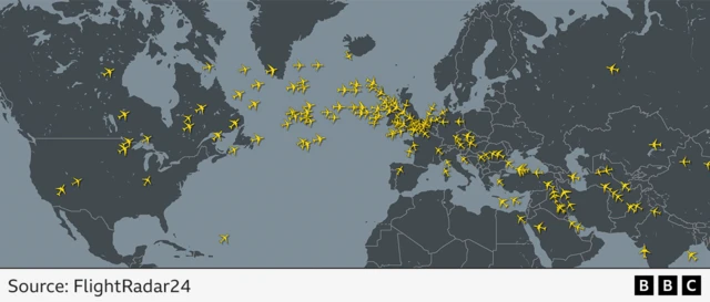 A map showing flights on 14 March