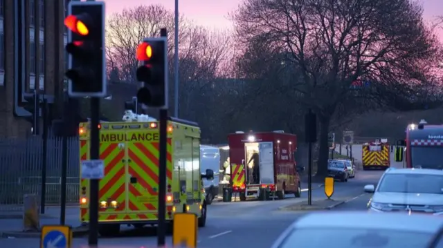 Emergency services at the scene in Roseville Road, west London, near to the North Hyde electrical substation which caught fire last night.