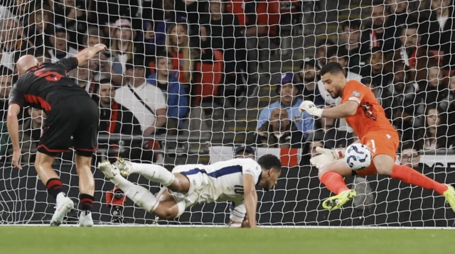 Albania's Thomas Strakosha saves from England's Jude Bellingham