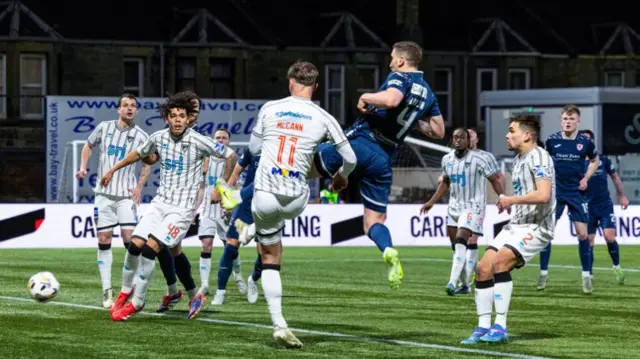 KIRKCALDY, SCOTLAND - MARCH 14: Raith's Paul Hanlon (centre) scores to make it 2-0 during a William Hill Championship match between Raith Rovers and Dunfermline Athletic at Stark's Park, on March 14, 2025, in Kirkcaldy, Scotland. (Photo by Ross Parker / SNS Group)